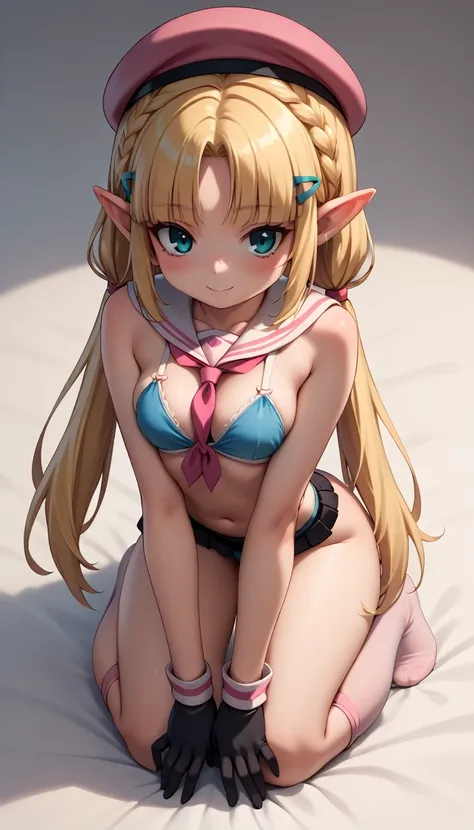 High resolution, Very detailed, perfect lighting, beautiful detailed eyes, ((masterpiece,Best Quality)), absurdities, alone, princess zelda, by the width, crown braid, Hair clip, pointy ears, Gloves without fingers, black gloves, smile, curves, nod, , deep...