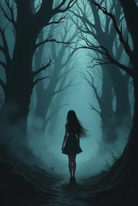 A young woman stands at the entrance of a terrifying forest.