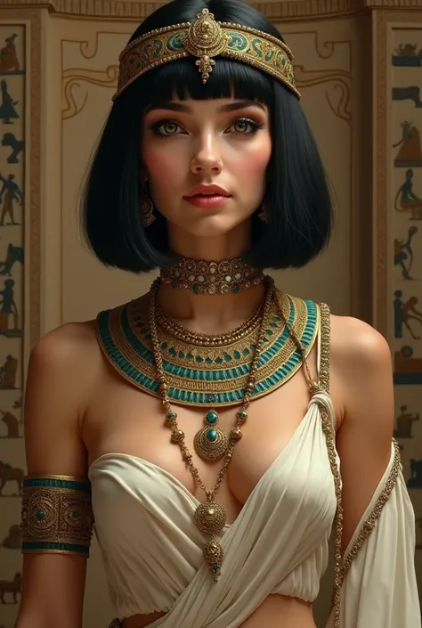 naked cleopatra. bob haircut. Ancient Egypt. Egyptian sophisticated jewelry. old. slightly brown skin.