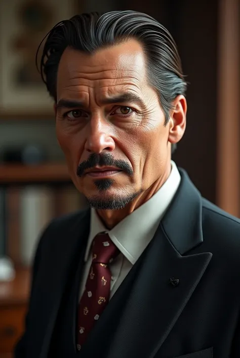 johnny depp with short slicked back hair at 60 years old wearing a suit at an office, aging, wrinkles, old, realistic, realisitic skin texture, good lighting, good coloring . 