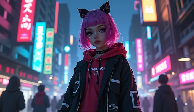 Cyberpunk ,dark neon, Anime girl ,Harajuku Street fashion