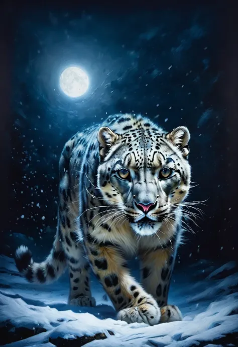 painting of a snow leopard aggressively hunts stalks prey at night, dark atmosphere, cinematic scene, volumetric lights, ultra realistic, in the style of nicola samori