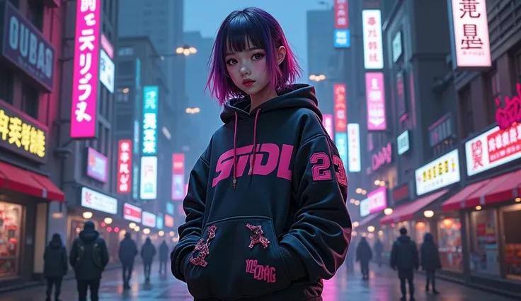 Cyberpunk ,dark neon, Anime girl ,Harajuku Street fashion