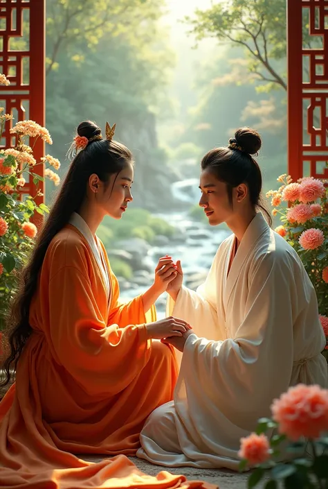 A beautiful young woman with a fierce expression in the orange and white dress of a Han Dynasty official in full regalia sits holding hands with her lover in a flower garden with a stream in a luxuriously decorated residence in the style of a great dynasty...