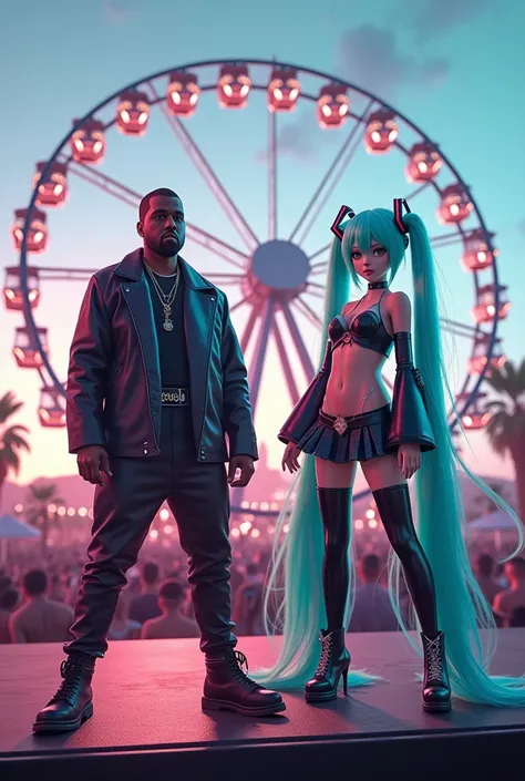 Kanye West with Hatsune Miku (human), realist, They both pose in a funny way, on stage at Coachella 2022