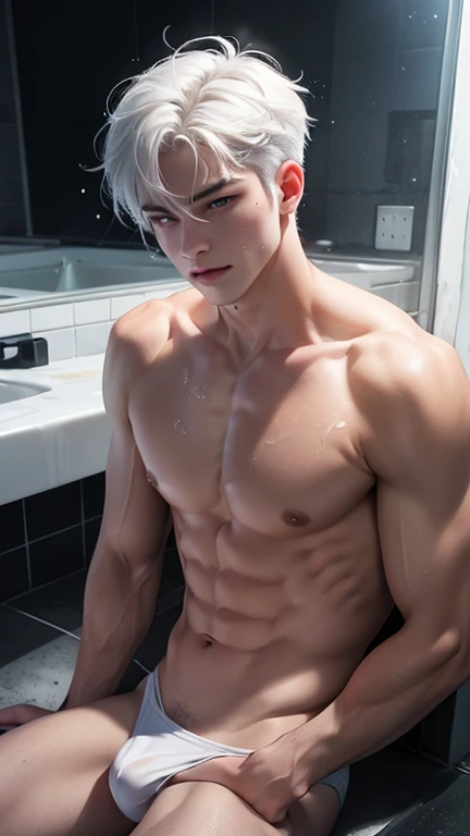 A young boy with white hair，fair skin，handsome，The triangle briefs are wet, so I took half of them off.，裸上半身Soaked in milk，Showing six-pack abs and chest muscles with water droplets on them，Soaked in milk，纖細長腿Soaked in milk，The bottom highlight is very lar...