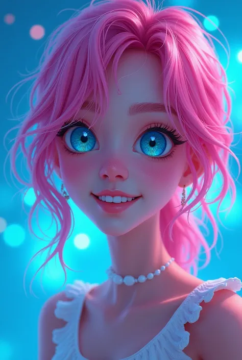 (masterpiece, top quality, best quality, official art, beautiful and aesthetic:1.2), (1girl), extreme detailed,(fractal art:1.3),colorful,highest detailed,sorrindo,cabelo rosa brilhante,olhos azul,fundo neon azul.