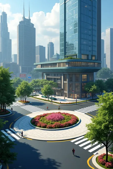 Irregular road crossing, east and west direction with flowerbed in the center of the street with small trees and lighting, north and south direction on the corner there is a contemporary style city hall building, glass facade and elevation on stilts. Flowe...