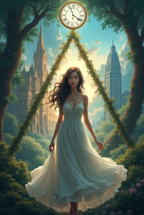 Female protagonist, Wavy hair with a dress . A clock in the background, a triangle symbol, and three universes: A forest of tales , An old mansion and the modern city.