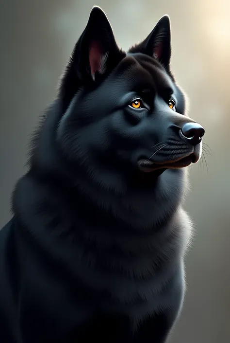 Illustration of an American Akita dog, , with a very noble look, Black hair color and some gray hair around his eyes. Image only of the head and a bit of the torso. Soft background.