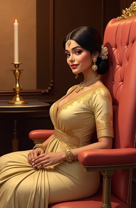 6 ft big breasted average beautiful sri lanakan wealthy age 25 girl in maharani dress. Wearing Academic regalia.well educated.sit in chair with big breasts, big butt