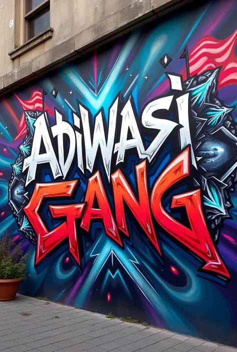 A wildstyle graffiti on wall written"adiwasi gang" with elements of futuristic things,and a red and white stripe flag 