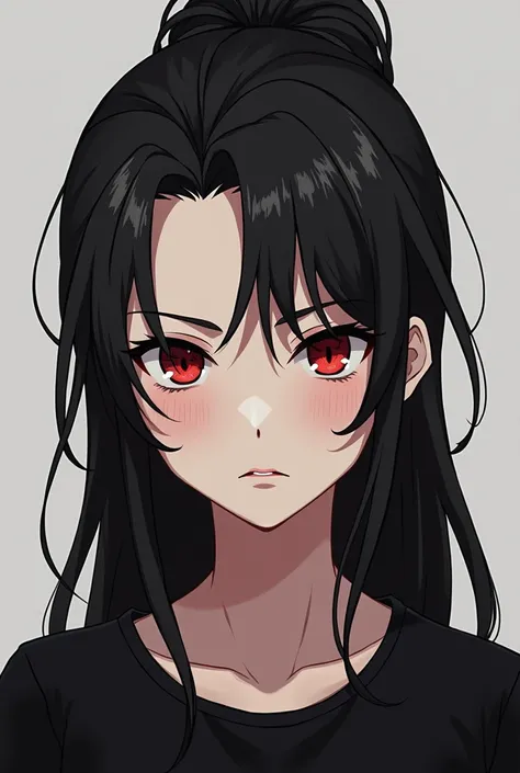 Chico,high, long hair like suguru geto tied up, clear skin, SERIOUS LOOK,Red eyes, black shirt,anime