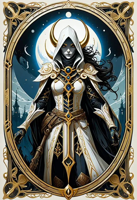 White Reaper, HarlequinPunk, Jaehra, panjang penuh + gold leaf + tarot card + symmetrical + intricate ink illustration + tarot card with ornate border frame, Peter Mohrbacher, Marc Simonetti, Mike Mignola, detailed, intricate ink illustration, symmetry, bl...