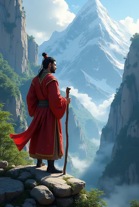 Sun Wukong from the game &#39;&#39;Black Myth Wukong&#39;&#39; looking at the mountains.