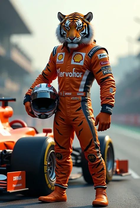 Tiger as formula one player standing with its car wearing player costume helmet is in hand 