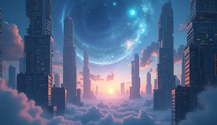 Star-filled sky, Fusion with a futuristic cyber city, Skyscrapers and clouds become one, Fantasy, The magnificent beauty of the future. Attention to detail. Cinematic, masterpiece.