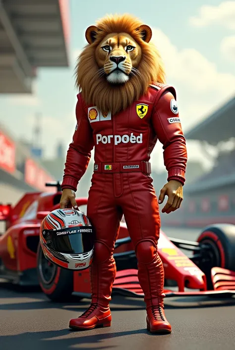 lion as formula one player standing with its car wearing player costume helmet is in hand 