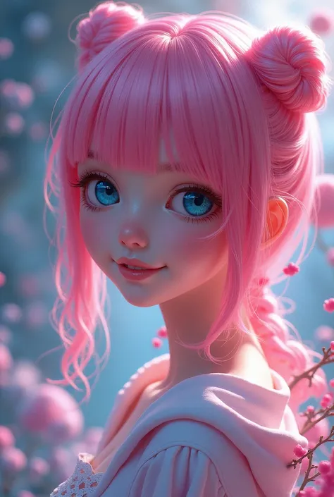 top quality, best quality, official art, beautiful and aesthetic:1.2), (1girl), extreme detailed,(fractal art:1.3),colorful,highest detailed,sorrindo, cabelo rosa  brilhante, olhos normal azul, fundo mundo futuristico.