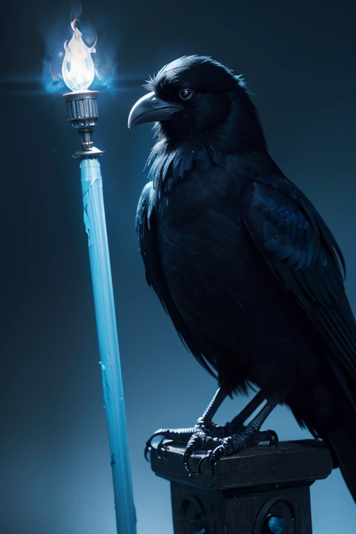 create an image of a black crow with slightly blue feathers, highlighting its subtle glow. the raven is perched on a dark surfac...