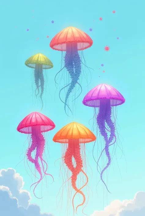 Multicoloured jellyfish rising into the sky,The sky is light blue and there are 5 jellyfish ,In a pyramidal line is how they go up,It is a drawing that is magical surrealist.23 k.,improve it a little more make it great.