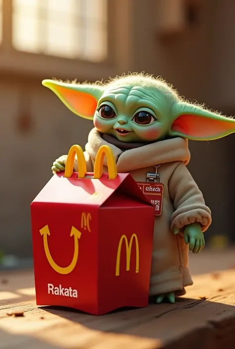 Create an image of a happy meal with Baby Yoda dressed as a McDonald&#39;s employee wearing a nametag that says Francisco González, and the box has the word RAKATA
