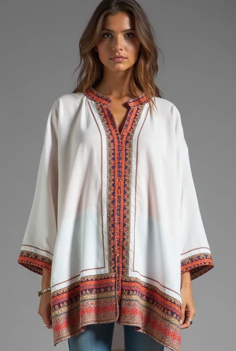  a white oversized shirt with a traditional Balochi print, which often features intricate geometric patterns and vibrant colors. The print might be placed around the collar, sleeves, or as a border on the hem. The shirts overall design would be simple and ...