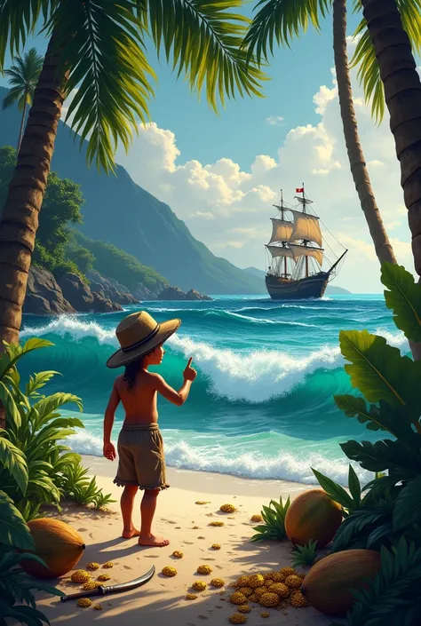 Recreate the painting scene, The girl and the Santa Maria arriving in America, Do it as if a thin indigenous child in a cap pointing from the beach when the boats arrive, There is a lot of jungle around and a storm with big waves in the sea and in the dist...