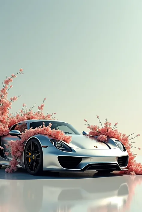 A Porsche is standing, a flower 
is on over the car 