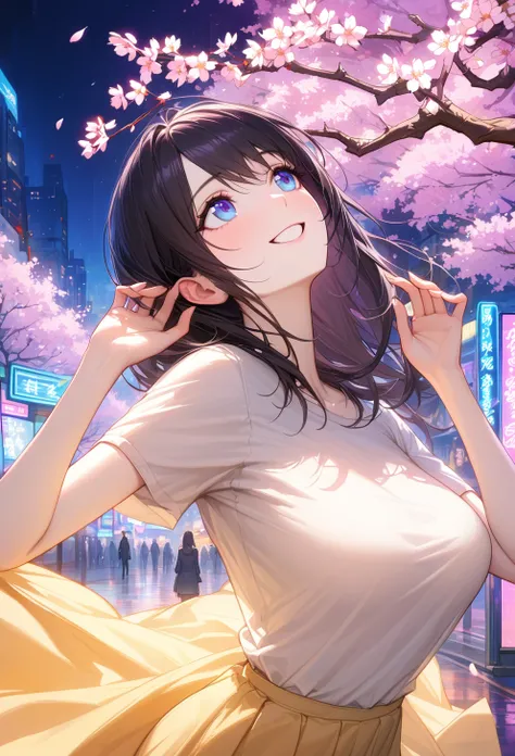 masterpiece, high quality, 16k resolution, detailed, beautiful anime girl, large breasts, slender waist, pale skin, black hair, fine hair, simple clothing, white T-shirt, no accessories, (looking away:1.4), (walking in neon-lit night city), spring season, ...