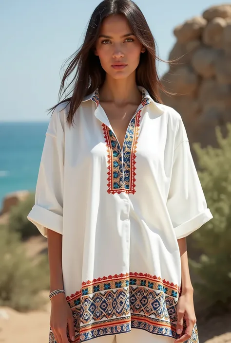  a white oversized shirt with a traditional Balochi print, which often features intricate geometric patterns and vibrant colors. The print might be placed around the collar, sleeves, or as a border on the hem. The shirts overall design would be simple and ...