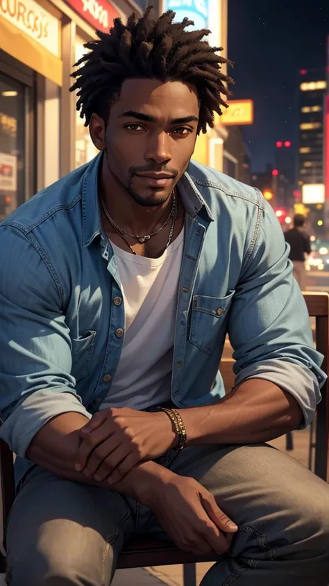 In the ultra-high-definition, 8k photorealistic image, an African American male is depicted sitting alone in a public setting, daydreaming with a slight smile. The man exudes a sense of tranquility, with his dark skin glowing under the romantic background ...