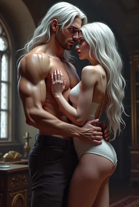 Make a young girl with long white hair, pale white skin, purple eyes, the curvature of your body is very attractive 
Next to her is a man, tall, strong, big white-haired, purple-eyed, the man is extremely handsome and attractive 
she is very short compared...