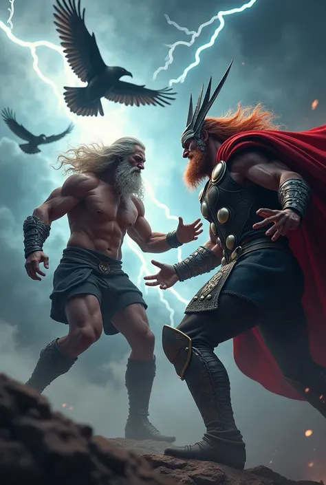 Dark Zeus with multiple lightning bolts and ravens and Dark Thor.
The two are fighting