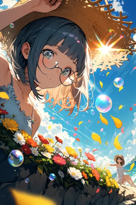 (extremely detailed fine touch:1.3), girl, solo, alone, 2.5d, (((silver semi-rimless round eyewear:1.3))), short hair, smooth hair, blunt bangs, look up sun, lensflare, hand on own head, from below, straw hat, camisole, on the cliff, flower garden, sea, cu...