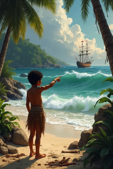 Recreate the painting scene, The girl and the Santa Maria arriving in America, A thin indigenous boy wearing indigenous clothing pointing at the boats from the beach, There is a lot of jungle around and a storm with big waves in the sea., In the distance y...