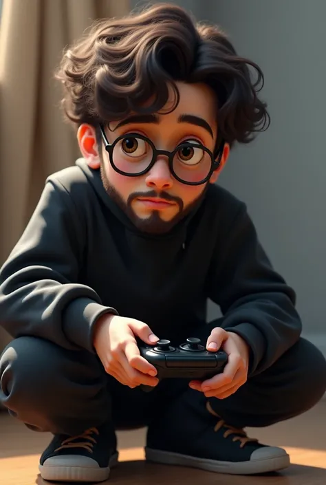 A white skinned boy, long  hair, with curly hair, dark  brown hair, com olhos castanhos, Eyeglasses, wearing a beard. Wearing a black sweatshirt, wearing black pants and sneakers. A video game controller in your hand.