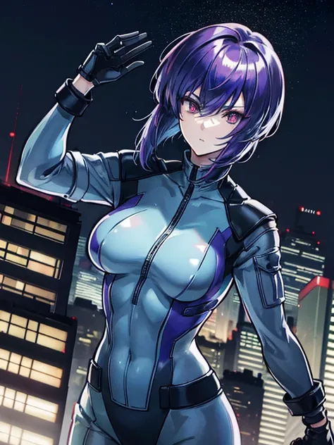 Ghost in the Shell, Motoko Kusanagi, Purple short bob cut, Hair between the eyes, Slightly asymmetrical bangs, ((Optical Camouflage Suit, Optical camouflage suit from the neck down)), Jump up into the sky, view From above, The background is Tokyos building...