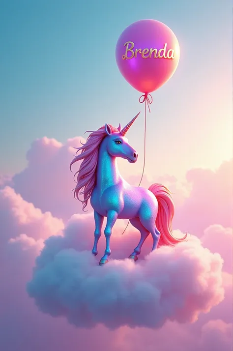 Colorful unicorn sitting on a fluffy white cloud ,holding a balloon with the name Brenda in fancy letters 