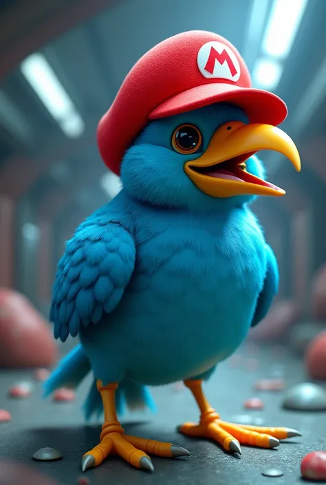 A blue kiwi bird with a red Mario cap, playing metroid