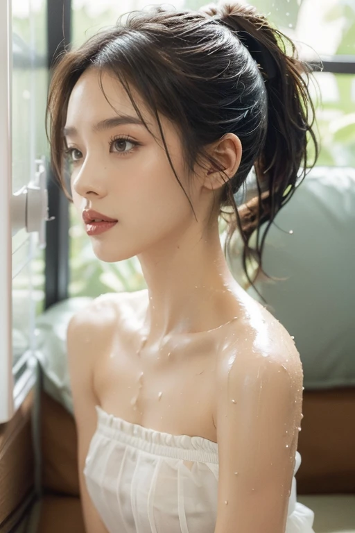 (((best quality))), (((Extremely detailed))), (((masterpiece))), illustration,(Summer Afternoon:1.3),(A beautiful girl,Solitary),(Short Ponytail:1.2),((Slim,Thin)),((Small Breasts,flat chest)),((Sweat,wet)),(Strapless white transparent:1.3), Bronze skin, B...