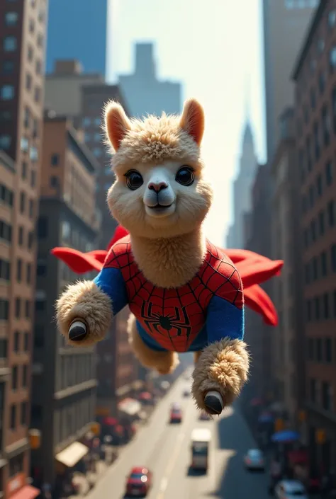 Alpaca flies like Superman between Manhattan buildings、The body is a Spiderman suit with an alpaca face