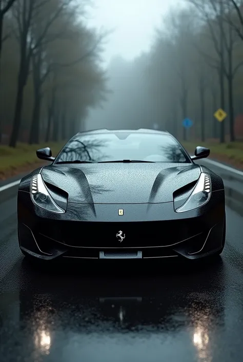 A  black colour Ferrari is standing, background is road  , raining 