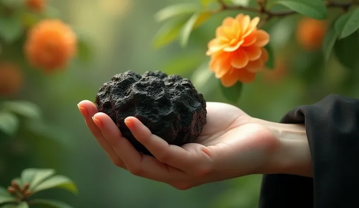 In the osmanthus forest, there is a hand holding a kind of wood，Its shape is like paper mulberry but with black texture，Its flowers are exceptionally gorgeous（best quality，4K，8k，High level，masterpiece：1.2），Ultra Detailed，（lifelike，Photo real，Photo real：1.3...