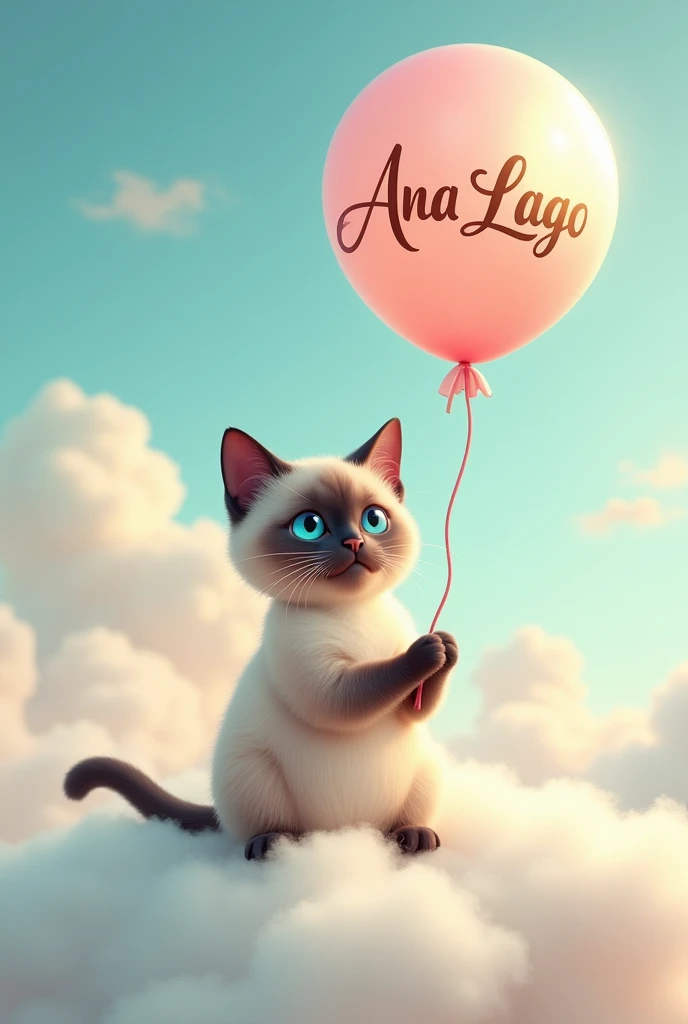 Cute Siamese cat sitting on a fluffy white cloud ,holding a balloon with the name Ana Lago ,in luxury letters 