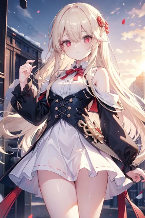 illyasvielvoneinzbern, illyasviel von einzbern, blonde hair, hair between eyes, long hair, (red eyes:1.5),
BREAK ankle boots, boots, frilled skirt, frills, purple footwear, purple shirt, skirt, white skirt,
BREAK outdoors, city, sky, cloud, sun,
BREAK look...