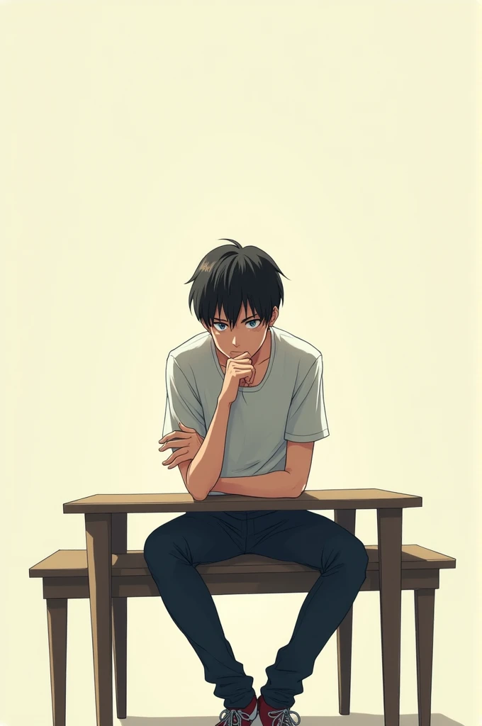 A male anime character sitting on the table and looking in front 