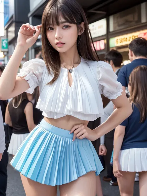 Product quality,1 girl,Cowboy Shot,Front view,Young and sexy Japanese girl,20-year-old,Harajuku,(Crowded street:1.4),Snazzy(Blue:1.5),shirt,wear,(Snazzyバッグ:1.3),Fashionable necklaces,Snazzyイヤリング,((White super short micro pleated mini skirt:1.5)),wear,Very ...