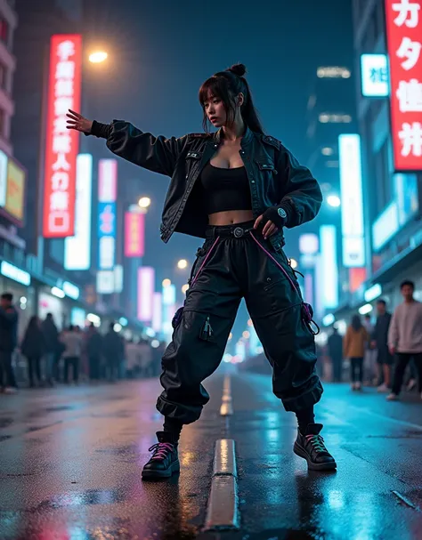 photo-realistic, dramatic scene, cinematic scene, masterpiece, (extremely beautiful Japanese boyish fat girl), professional dancer, full body, acrobatic pose, dynamic angle, breakdancing at street at night, cyber punk downtown with neon, her brilliant fant...