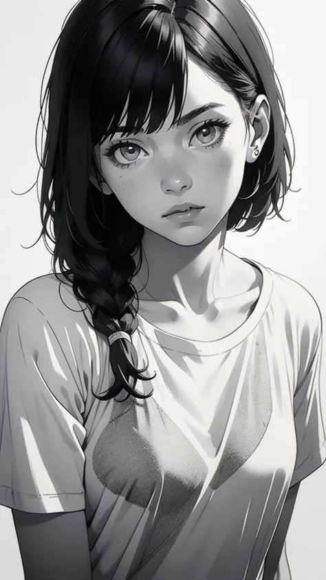 1 boyish girl, solo, sharp eyes, monochrome, greyscale, short black hair, portrait, white T-shirt, closed mouth, looking at viewer, graphite (medium), detailed lips, hatching (texture), without makeup, bangs, upper body, (best illustration), (best quality)...